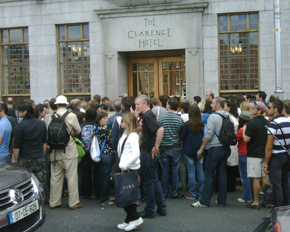 Since it is U2 day, we're taking a pilgramage of sorts-here are the crowds waiting outside The Clarence Hotel- a really cool hotel on the edge of Temple Bar, owned by the boys in the band. And the limo they're surrounding is a decoy, but I didn't have the heart to tell them. 